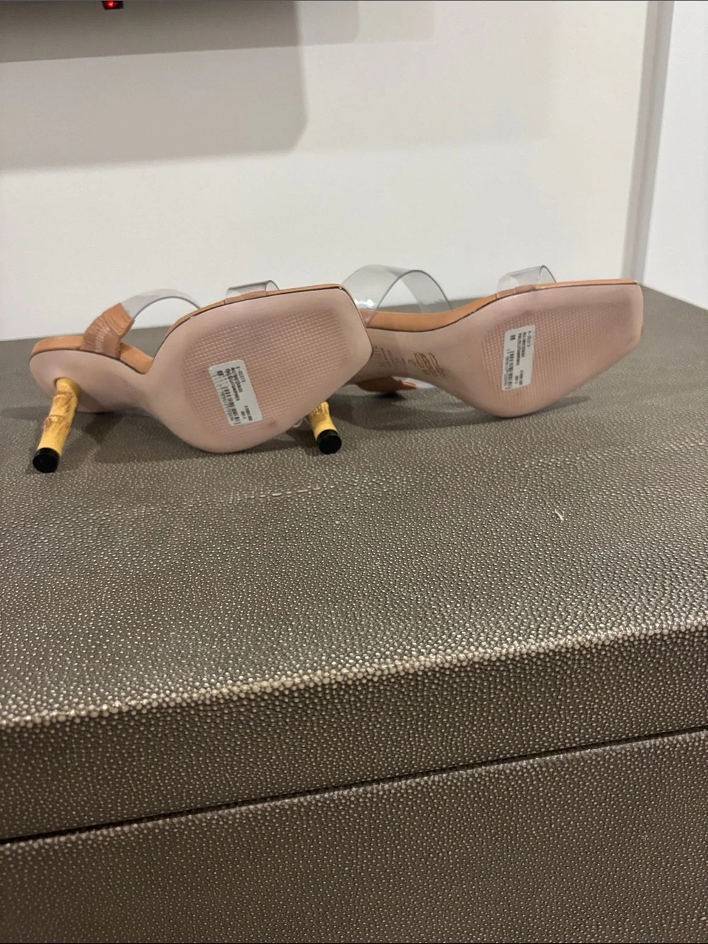 SCHUTZ Nude Tan Clear-Strap Square Toe Heeled Sandals
